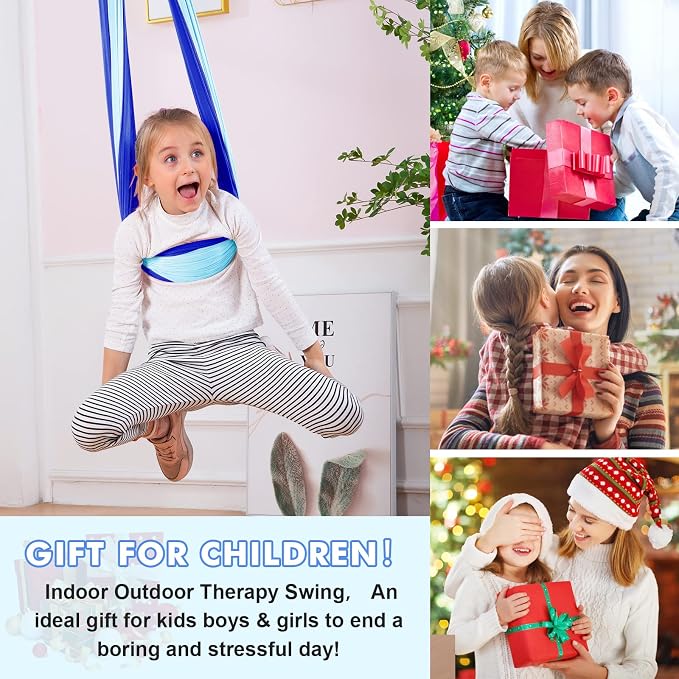 Therapy Swing Hammock Kids Cuddle Sensory Swing Indoor Therapeutic Hammock 360° Rotating Double Layer Elastic Rocking Cloth Swing Gifts for Children with ADHD SPD Asperger Autism (Blue+Sky Blue)
