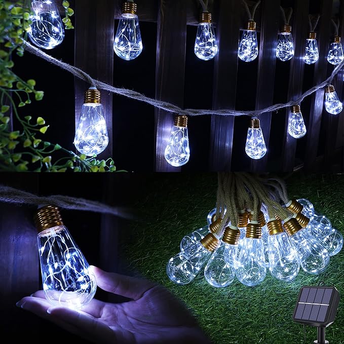 Solar Outdoor String Lights, 20Ft Vintage Rope Hemp Solar Patio Lights, Waterproof White Solar Powered String Lights With 8 Modes 16 Shatterproof Bulbs for Garden Yard Fence Stairs Balcony Café Bistro