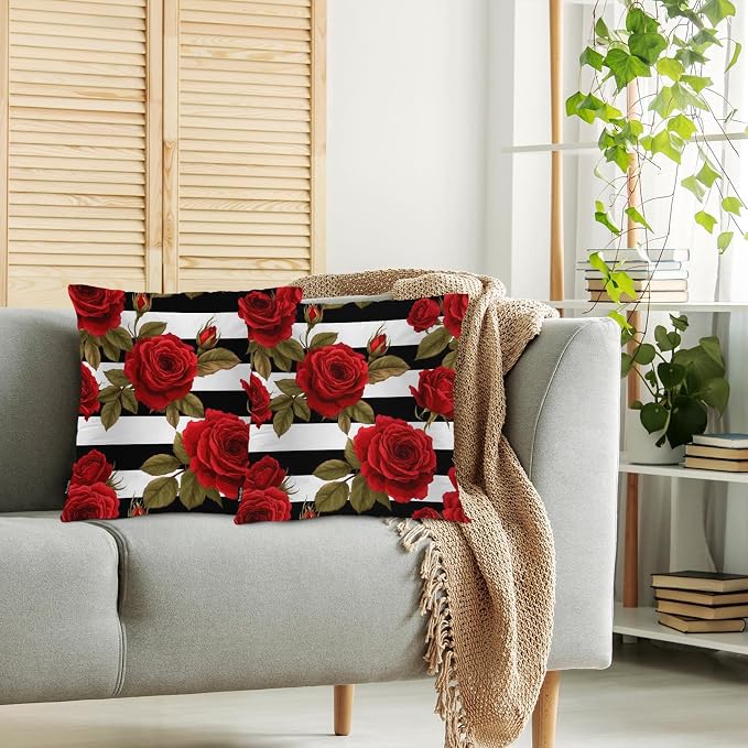 Swono 18"X18" Throw Pillow Covers Rose, Bloom Red Peony Rose Flowers Boho Pillowcase Cushion Covers for Couch Bed, Square Decorative Pillow Cover Home Sofa Bedroom Car, 2 Pcs