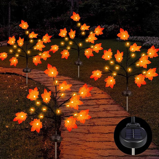 Rossesay 4 Pack Outdoor Fall Solar Lights Decorations Thanksgiving Waterproof Orange Maple Leaf Lights, Autumn Artificial Tree for Halloween Christmas Party Yard Garden Decor, 10 LED 8 Modes