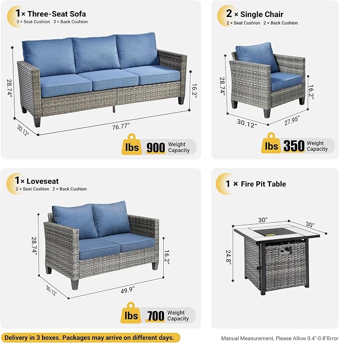 ovios 5 Pieces Patio Furniture Set, Outdoor Wicker Rattan Sofa Couch with 30" Fire Pit Table, Loveseat Chairs, Conversation Sets for Yard Porch Garden, Denim Blue