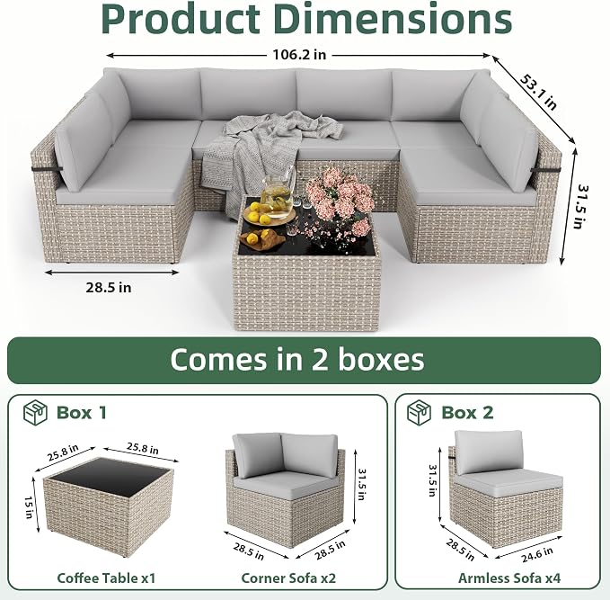Pamapic 7-Piece Outdoor Sectional Furniture Set, All-Weather Wicker Patio Sofa with Washable Cushions, Gray Waterproof Rattan Conversation Set for Backyard, Poolside, Garden (Gray Cushions)