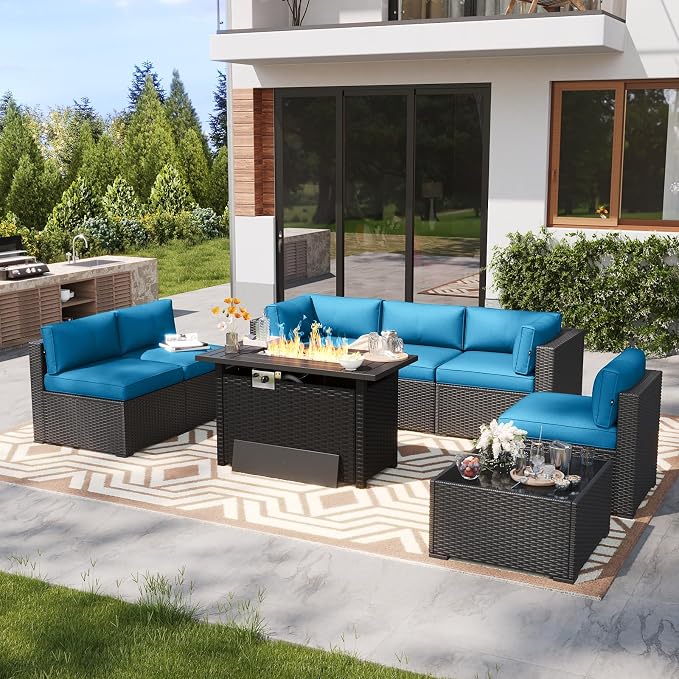 LazySunsets 8 Piece Outdoor Patio Furniture Set with 44'' Fire Pit Table, Outdoor Patio Furniture Set with Thicken Cushion, Wicker Rattan Outdoor Conversation Set for Backyard & Garden, Peacock Blue