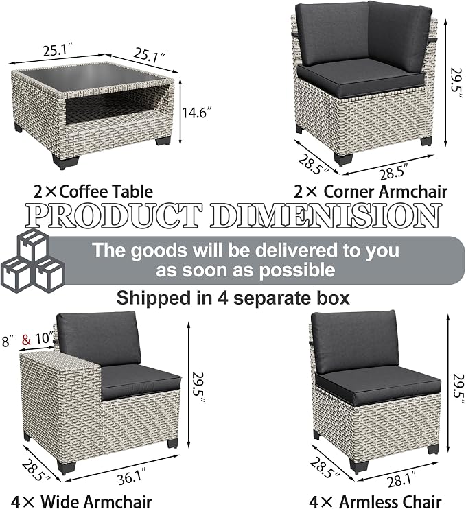 12-Piece Outdoor Patio Furniture Set, Modular Sectional Sofa Set with Glass Coffee Table and Cushions, Wicker Outdoor Couch Conversation Sets, Black