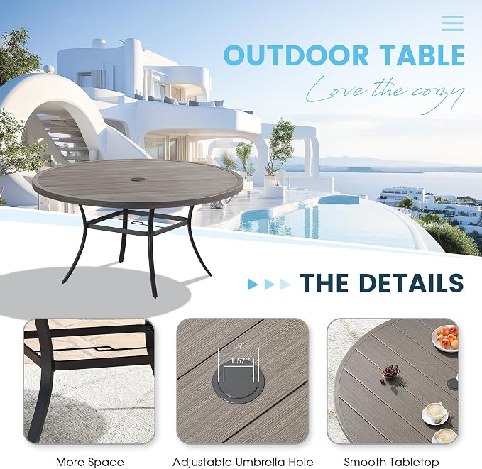 9 Pieces Patio Furniture Dining Set, 8 Textilene Swivel Dining Chairs, 60" Outdoor Round Metal Table with 1.57" Umbrella Hole, Outdoor Dining Set for Porch, Lawn, Garden, Grey/Sand