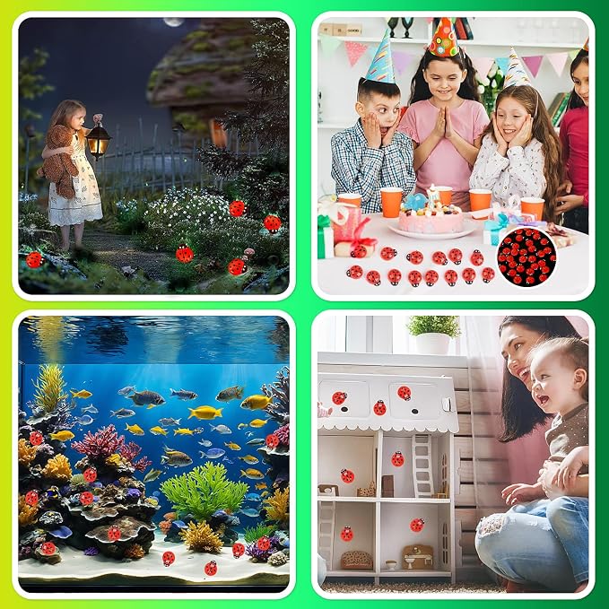 KIMOBER 100PCS Mini Luminous Ladybug Miniature Figurines,Glow in Dark Resin Animals Ladybug Figures for Fairy Garden Micro Landscape Decor Cake Topperr