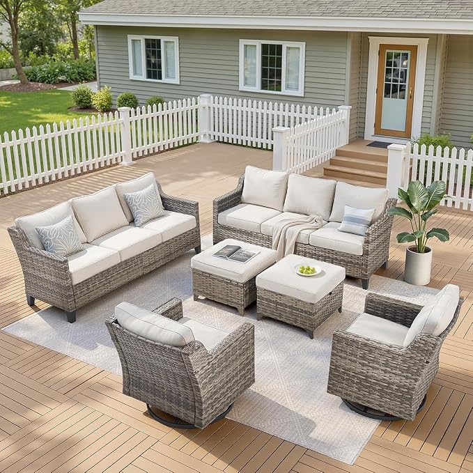 Outdoor Patio Furniture Set-6 Pieces High Back Outdoor Furniture Set Sectional Sofa with Wicker Swivel Rocker Patio Chairs,Thick Cushions Ottomans for Porch Balcony Patio Deck Grey/Beige