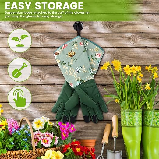 WANCHI Gardening Gloves for Women, Comfortable Floral Long Sleeve Garden Gloves for Gardening and Outdoor Work, Durable Leather Long Gardening Gloves, Great Gift Ideas for Ladies, Green Print (Large)