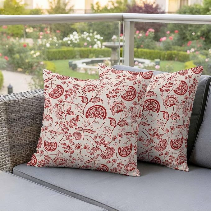 Outdoor Pillow Covers 16x16 Set of 2, Red Spring Floral Waterproof Patio Throw Pillow Covers for Couch Sofa Chair, Summer Botanical Farmhouse Decorative Pillowcases for Throw Pillows