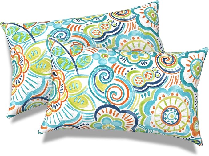 Outdoor Lumbar Pillows, Water Repellent Cushion Pillows 12x20 Inch, Outdoor Pillows with Inserts for Home Garden, Pack of 2, Flower Blue
