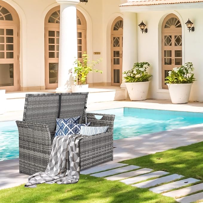 33 Gallon Outdoor Wicker Storage Bench Deck Box,Large PE Rattan Deck Storage Box,Outdoor Indoor Waterproof Storage Box,Patio Wicker Storage Bench,with Cushion,for Garden Balcony Porch Yard (Gray)