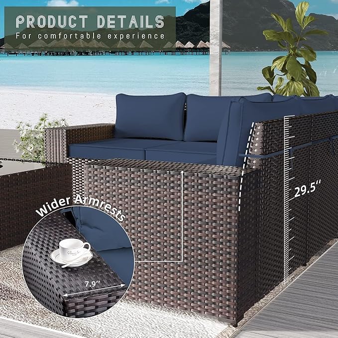 9 PCS Outdoor Patio Furniture Set,Outdoor Sectional Furniture All Weather PE Rattan Wicker Patio Conversation Set,Swivel Rocking Chairs Set,Navy Blue