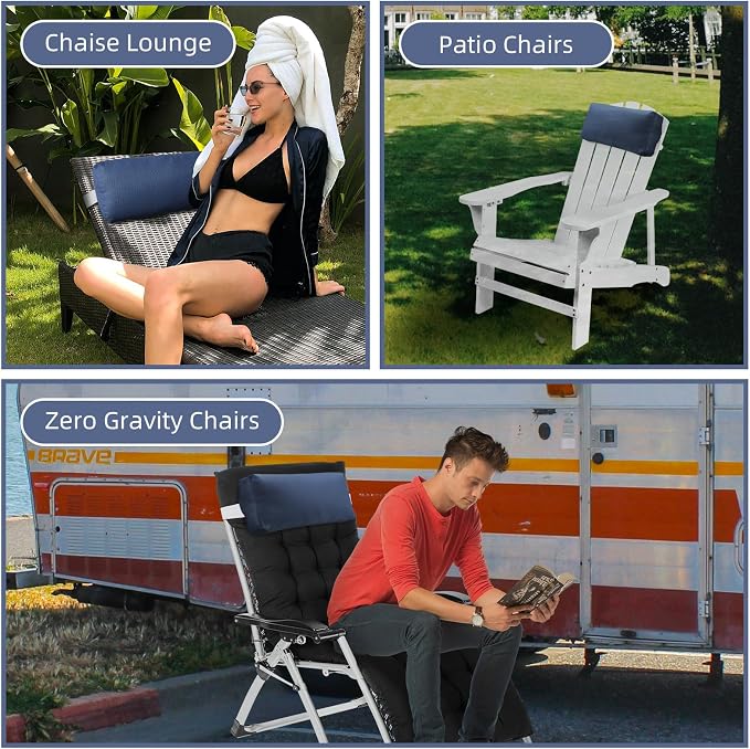 Chaise Lounge Head Pillow, 2 Pack Outdoor Patio Pillows with Adjustable Strap, Lounge Head Resting Pillow for Recliner Beach Pool Lounger Office Chair，Water Resistant Navy