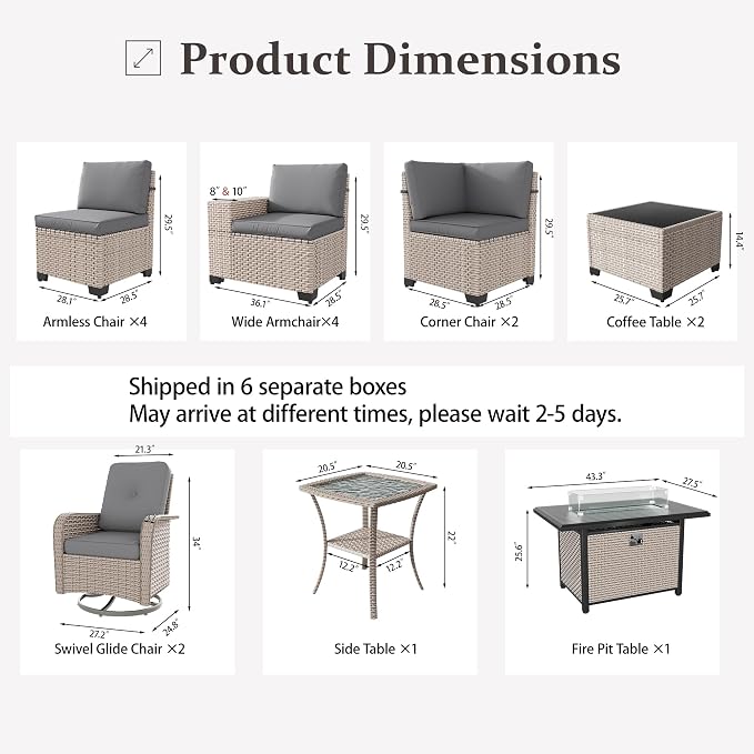 16 Pieces Patio Furniture Set with Fire Pit Table, Outdoor Sectional Wicker Sofa with Thick Cushions, High Back Swivel Rocker Patio Chairs, Rattan Conversation Set with Coffee Table, Grey