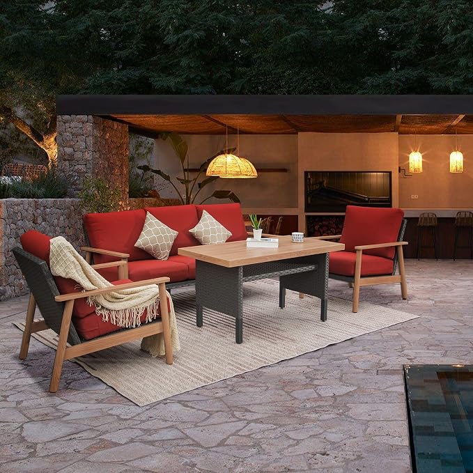 Domi Outdoor Wicker Patio Furniture Sets 4 Pieces, All-Weather Aluminum Rattan Padded Sofa Patio Conversation Sets with 2 Pillows for Porch Deck Garden(Red)