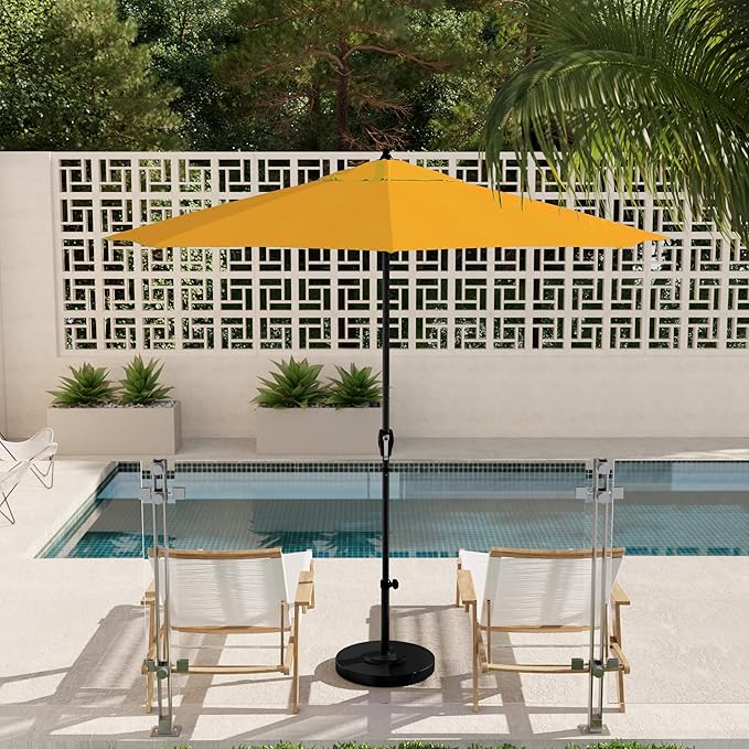 California Umbrella 12-Year Protection 9' Rd Aluminum Patio Umbrella, Crank Lift, Auto Tilt, Black Finish, Sunbrella Sunflower Yellow