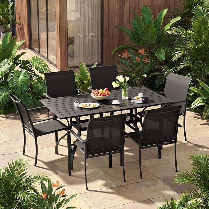 Incbruce 7 Pieces Outdoor Dining Set, Patio Metal Dining Set of 6 Textilene Chairs and Rectangle Table with Umbrella Hole for Lawn, Garden, Porch and Backyard (Black)