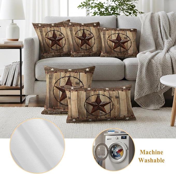 Waterproof Pillow Covers Set of 2 16x16 Inch Rustic Farmhouse Outdoor Cushion Covers Wood Texture Barn Star Decorative Pillow Cases for Patio, Sofa, Couch, Garden, Balcony