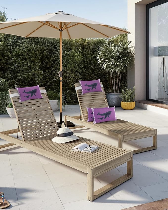 Outdoor Pillows Covers with Inserts Whale Stars Leaves Romantic Purple Waterproof Recliner Pillow with Adjustable Strap Throw Pillows for Patio Furniture Pool Lounge Chair, 12x20 inch, 1PCS