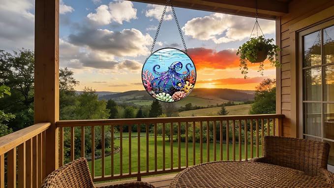 Stained Glass Window Hanging - The Blue Octopus is Foraging in The Coral 6.3 Inches Suncatcher for Garden Home Decor for Women Mom Grandma Friends