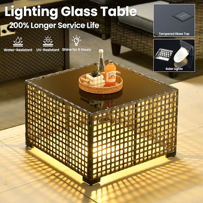 ovios 9 Pieces Patio Furniture Set with 54" Fire Pit Table, Outdoor Sofa Couch with Solar Lights Table Comfy Cushions, Modern Deep Seat Wicker Rattan Conversation Set, Grey