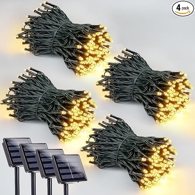 Solar String Lights Outdoor 4 Pack 400 LED Solar Christmas Light Warm White | 8 Lighting Modes, Memory Function, Auto On/Off, 132FT Waterproof Twinkle Lights for Outside Garden Yard Party Xmas Tree Decor