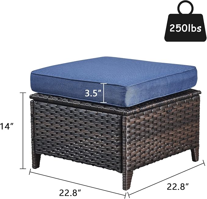 Rilyson Luxury Outdoor Wicker Patio Ottomans Set of 2, 250 lbs Capacity Rattan Large Ottomans for Patio Footrest Set 22.8in*22.8in*14in with 3.5in Thick Cushion (Brown/Blue)