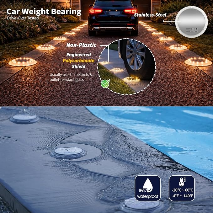 SHONELIGHTING Solar Dock Lights Outdoor Waterproof, Flat Low Profile Disc LED for Deck, Driveway, Ground & Pathway, Anti-Slip & Anti-Trip (Warm White, 6Pack)