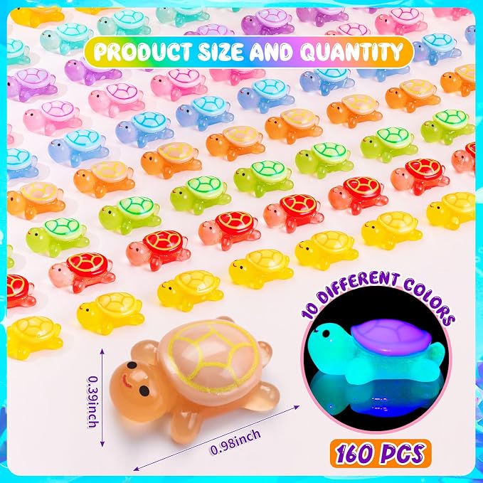 160Pcs Luminous Mini Resin Turtle Cute Tiny Turtle to Hide for Garden Micro | Glow in The Dark Turtle Animals Figurines, Landscaping Home Decor Party Presents(10 Colors)