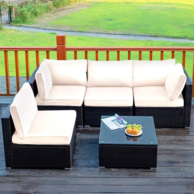 Tangkula 5 Pieces Patio Furniture Set, All Weather Wicker L-Shaped Corner Sofa Set w/Soft Cushions, Outdoor Sectional Conversation Couch Set w/Glass Table for Backyard Garden Poolside (White)