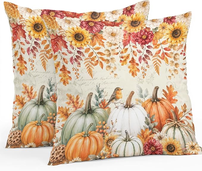 Orange White Pumpkins Fall Throw Pillow Covers 24x24 Inch Set of 2, Thanksgiving Waterproof Outdoor Pillow Covers, Sunflower Retro Decorative Cushion Pillowcases for Couch, Sofa, Bed, Garden, Patio