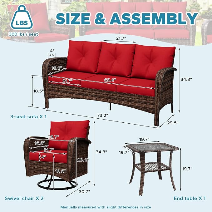 4 Pieces Patio Set, 73" Rattan Loveseat Sofa, Coffee Table, Wicker Swivel Glider Chairs, Cushion with Water Resistant Cover, Outdoor Conversation Furniture, Couch for Sunroom (Navy Blue)