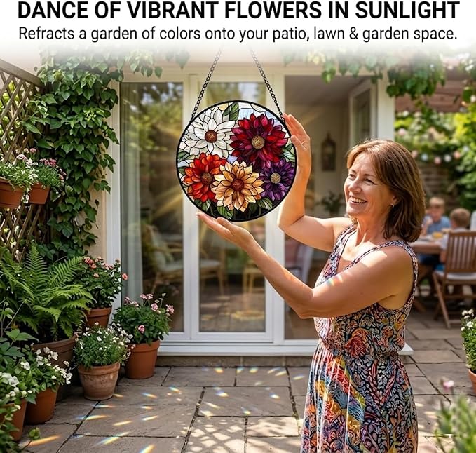 Birthday Gifts for Women - Colorful Flowers Faux Stained Glass Window Hanging Sun Catcher for Door Garden Acrylic Decor Mother's Day Christmas for Mom Nana Grandma Sisters Wife 11.8"
