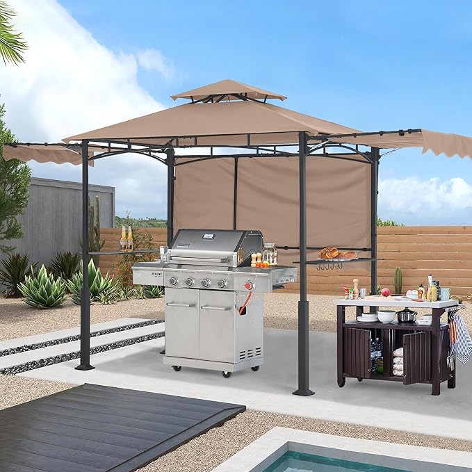 ABCCANOPY Grill Gazebo with 3 Side Awnings - 14x5 Outdoor BBQ Canopy Shelter with 2 Led Lights for Patio Backyard Grilling (Khaki)