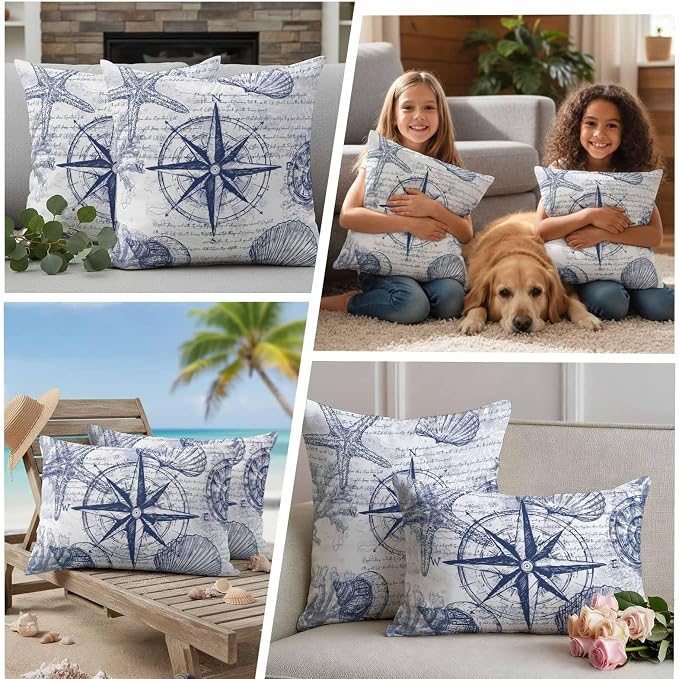 Vintage Nautical Outdoor Waterproof Throw Pillow Covers Set of 2, 24"x24", Summer Navy Blue Compass Shell Starfish Map Decorative Pillow Covers Outside Cushion Case for Patio Porch Garden