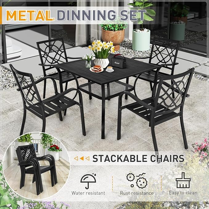 5 Piece Outdoor Patio Dining Set, Metal Patio Furniture Set Outdoor Square Slatted Dining Table with Umbrella Holes & 4 Stackable Chairs for Backyard, Garden