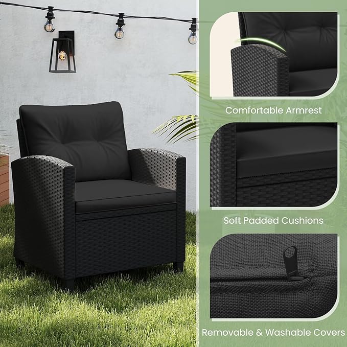 ORALNER 3 Pieces Patio Furniture Set, Wicker Conversation Set Outdoor Chairs with Cushions, Glass Coffee Table, Rattan Bistro Set for Front Porch Balcony Garden Deck Poolside (Black)