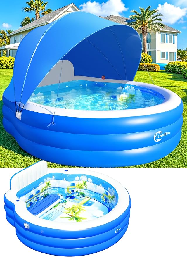 2026 Upgraded Inflatable Pool with Canopy, Inflatable Family Lounge Pool, Round Blow Up Pool for Adult with Bench & Backrest, Swim Center Easy Backyard Pools for Adults, 90"x90"x80", Light Blue