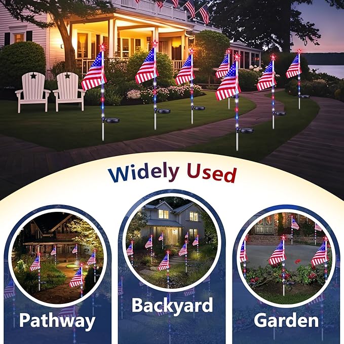 4th of July Decorations Outdoor Solar Lights, 10 Pack Red White and Blue American Flag Star Lights for National Day, Waterproof Patriotic Light for Independence Day 250th Anniversary Garden Yard Path