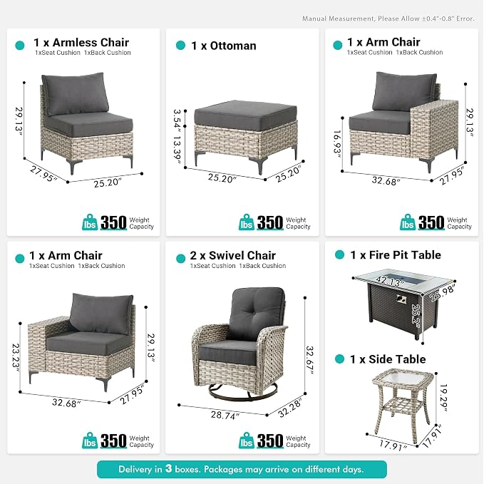 8 Pcs Patio Outdoor Furniture Set - All Weather Wicker Outdoor Sectional Sofa Couch with Swivel Fire Pit Table and Rocking Chairs e,Patio Rattan Conversation Set for Garden Deck Yard,Black