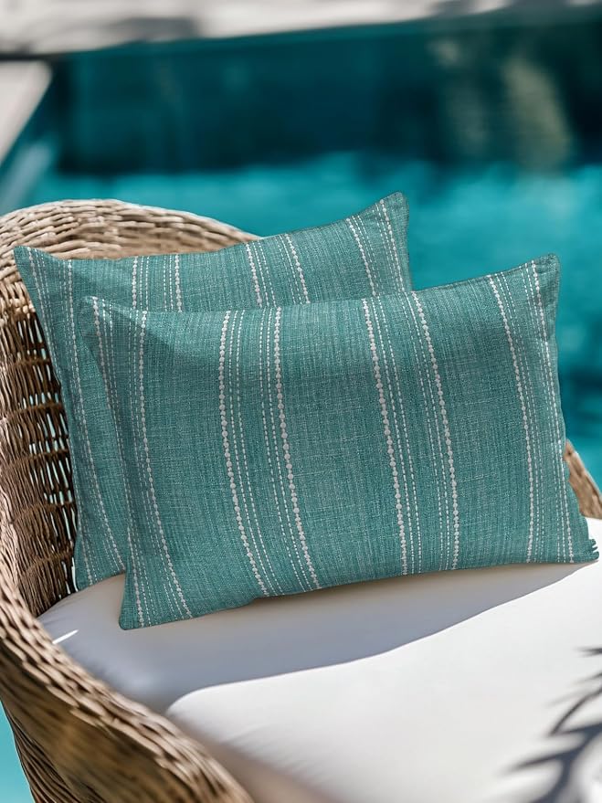 Waterproof Outdoor Pillow Set of 2 Teal Linen Stripes Decorative Throw Pillows Cover & Insert 20x12 Inch Lumbar Pillowcase Parallel Vertical Lines Pillows for Couch Sofa Bed Patio Furniture