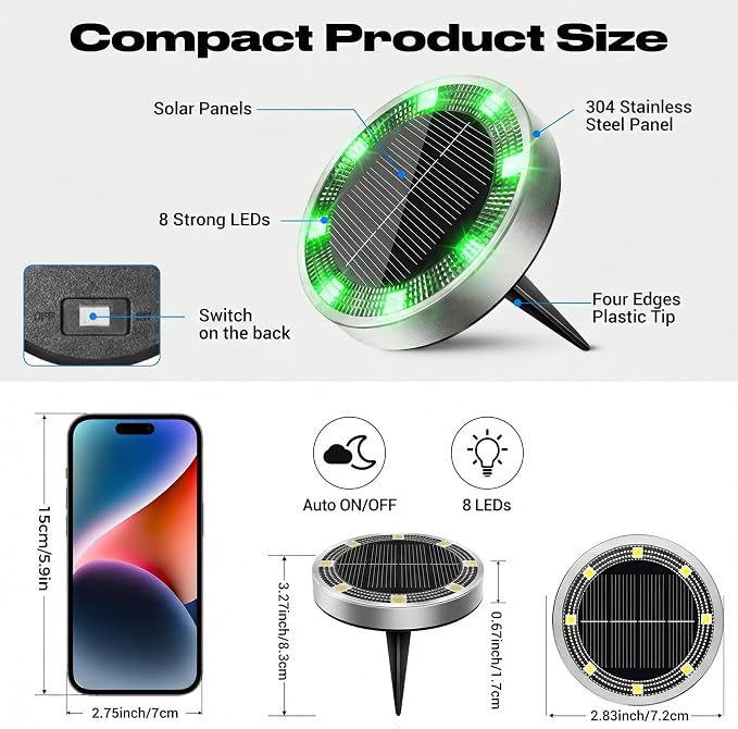 Mini Solar Ground Lights Outdoor, 8 Pack Flat Solar Powered Disc Lights, IP68 Waterproof, Anti-Rust, Landscape Lighting for Pathway Garden Yard Lawn Walkway Landscape Driveway, Green
