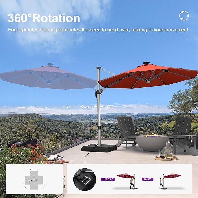 PURPLE LEAF 10ft Patio Umbrella with Lights Outdoor Round Cantilever Solar Powered LED Umbrella with 360-degree Rotation for Garden Deck Pool Patio, Brick Red