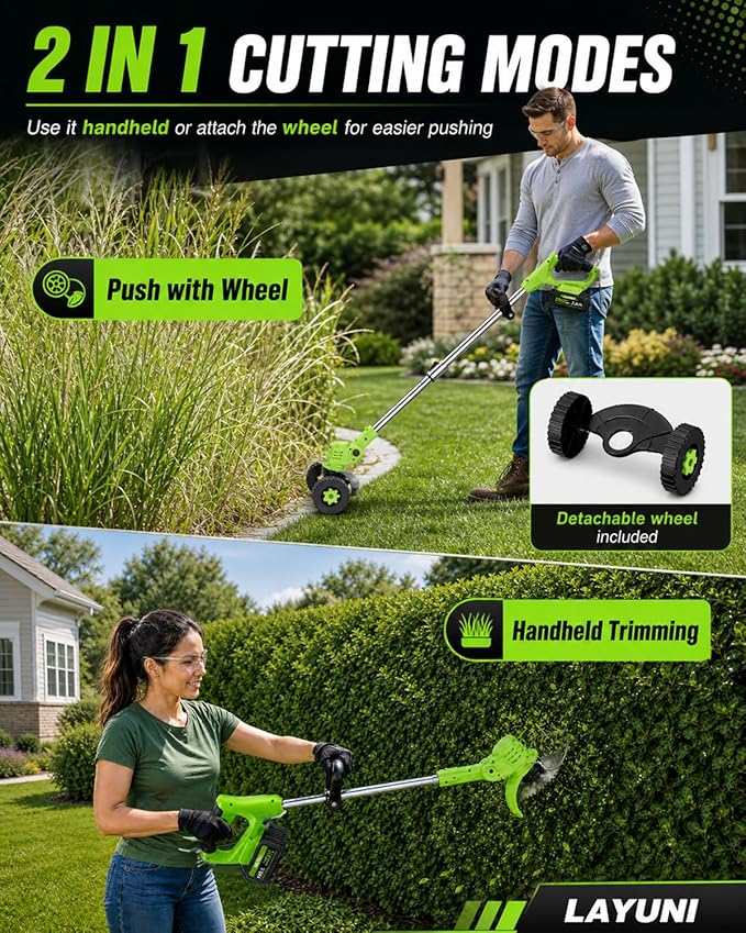 Cordless Weed Wacker with Wheels, 880W Electric Weed Eater with 2 x Batteries, 3-in-1 Battery Powered Grass Trimmer/Brush Cutter with 5 Types Saw Blades, Lightweight for Lawn & Garden