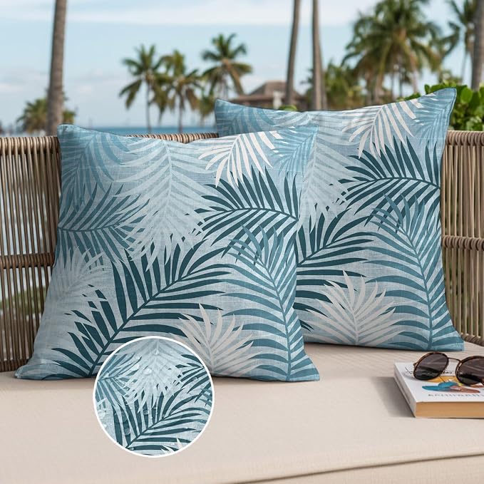 Teal Palm Leaves Waterproof Outdoor Pillow Covers Set of 2 Home Decor, Summer Tropical Leaf Plant Lumbar Pillowcase Patio Pillow Covers for Couch Bench Patio Furniture Garden 20x20in