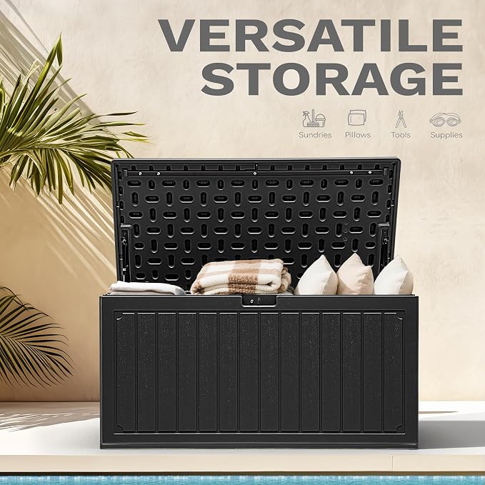 DWVO 90 Gallon Double-Wall Deck Box, Large Resin Outdoor Storage Box, Lockable & Waterproof, Double as Seating, 450lbs Capacity (Black)
