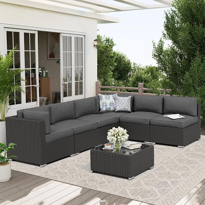 Oakcloud 7-Piece Outdoor Patio Furniture Black Rattan Wicker Sectional Sofa Conversation Set with Glass Top Table and Cushions (Grey)