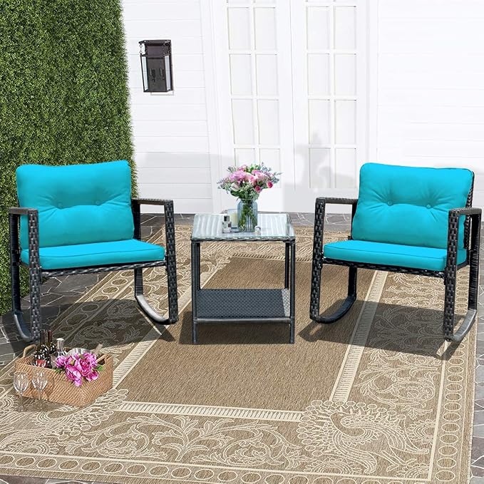 Tangkula 3 Pieces Patio Wicker Rocking Bistro Set, Outdoor Rocking Chair Furniture Set w/Cushioned Seat, Conversation Set w/Glass Coffee Table and Storage Shelf (Turquoise)