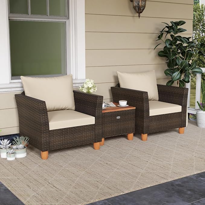 Tangkula 3 Piece Patio Furniture Set, Patiojoy Outdoor PE Wicker Bistro Set with Soft Cushions and Solid Acacia Wood, Outdoor Conversation Set with Porch, Balcony and Garden