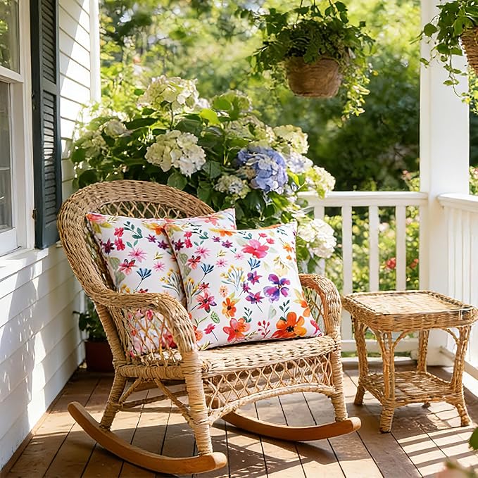 SquarePie Outdoor Pillow Covers 18x18 Inch Set of 2 - Waterproof Colorful Flowers Cushion Covers for Patio Garden Furniture, Watercolor Bloom Floral Decorative Throw Pillow Cases for Couch Sofa Bench